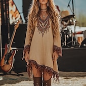 billiga Bohemklänningar-Dam Midiklänning Boho-klänning Klänning med tryck Västerländsk klänning Mode Modern Utomhus Helgdag Normal Blomma Långärmad V-hals Kaki Sommar