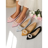 cheap Women&#039;s Flats-Women&#039;s Black Pointed-Toe Flats with Pearl Bow Accent - Elegant Suede Ballet Shoes for Casual Dates and Everyday Outfits