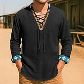 economico Strada-Per uomo Camicia Camicia di lino Stile vichingo Camicia Estiva Camicia da Spiaggia Camicia Western Tinta unica Vacanza Casuale Nero Bianco Verde Manica Lunga Scollo a V Abbigliamento Coulisse