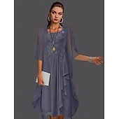 abordables Avec veste-Robe à deux pièces A-ligne pour la mère de la mariée à la plage invitée de mariage élégant col arrondi longueur genou chiffon dentelle sans manches vestes avec plis et appliqués 2025 taille