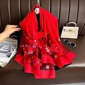 abordables Manches &amp; Écharpe-Printemps et automne nouveau clou perle simulation foulard en soie élégant et polyvalent pour les femmes brodé fleur de pommier longue écharpe été crème solaire écharpe