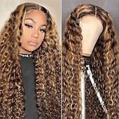 baratos Perucas de seda frontais de cabelo natural-Peruca de renda cor piano 4x4 alta com destaque p4/27, peruca de renda com ondas profundas, densidade de 150%, cabelo humano