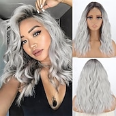 voordelige Synthetische trendy pruiken-18 inch korte golvende zwarte pruik voor vrouwen, middellange zwarte bob, synthetische hittebestendige, natuurlijke en realistische zwarte haarpruik voor dagelijks kapsel, cosplay, feestgebruik
