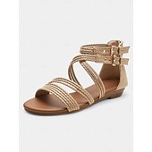 cheap Vacation Sandals-Women&#039;s Beige Gladiator-Style Braided Flat Sandals with Double Buckle Straps – Casual Boho Summer Shoes for Travel, Vacations, and Everyday Outfits