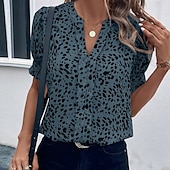 billige Kvinnenes Kunst &amp; Design Topper-Kvinners Bluse Grafisk Prikkete Elegant Casual Korte Ermer V-Hals Vanlige Topper Daglig Ferie Svart Gul Rosa Blå Beige Sommer