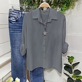 preiswerte Hemden-Damen Bluse aus Baumwolle und Leinen, einfarbig, elegant, stilvoll, lässig, langärmelig, V-Ausschnitt, normale Oberteile, Alltag, Urlaub, Knöpfe, weiß, gelb, rosa, blau, grau, Sommer, Frühling