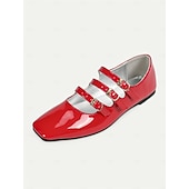 voordelige Platte damesschoenen-Rode Mary Jane-flats van lakleer uit de jaren 30 voor dames met drievoudige gespen – retro klassieke schoenen voor feestjes en dagelijks gebruik