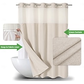 economico Tende doccia-Tenda da doccia in lino 180cm senza ganci con set di fodera in tessuto a scatto tende da doccia di lusso per hotel con finestra trasparente impermeabile e lavabile