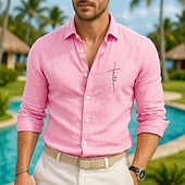 cheap Vacation-Men&#039;s Cotton Linen Shirt Pattern Vacation Black White Pink Sky Blue Long Sleeve Lapel Clothing Apparel
