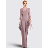 abordables Costumes-pantalons pour maman-Salopette  pantalon 3 pièces mère de la mariée invité au mariage formel élégant grande taille col bijou longueur de sol en chiffon dentelle sans manches avec appliques taille personnalisée gratuite