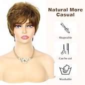 abordables perruque plus âgée-Perruque courte brune coupe lutin, perruques courtes en cheveux superposés avec frange, perruque de remplacement en cheveux synthétiques duveteux pour femmes, perruques de costumes d&#039;Halloween