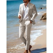 cheap Beach Suits-Men&#039;s Summer Wedding Linen Suits Beige Half Lined Lightweight Casual Solid Colored Standard Fit 2 Piece Single Breasted One-button