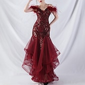 economico ROSSO-Abiti Quinceanera Mermaidi  Trumpet in Paillettes Elegante Abito Formale Semi Formale Matrimonio Lunghezza P_avimento Senza Maniche Scollo a V Tulle Volant con Piume