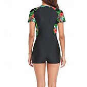 abordables Maillots de bain une pièce-Femmes Maillots de Bain Une Pièce Maillot de bain Zip Up Patchwork Tropical Tenues de plage Fleur Col rond Manches courtes Maillots de bain