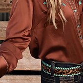 billige Boho topper-Dame Boho skjorte Bluse Blomsternål i krystall Moderne Fritid Bohem Langermet Skjortekrage Vanlige topper Daglig Ferie Knapper Trykt mønster Brun Sommer