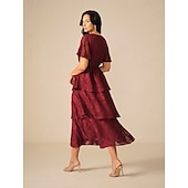 preiswerte abendkleider-Damen Maxikleid A Linie Kleid Elegant Formell Flattrige Ärmel Hochzeitsgast Cocktailparty Normale Passform Einfach Kurzarm V Ausschnitt Wein Sommer