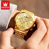 baratos Relógios Quartz-OLEVS 3655 Relógio Clássico Fase da Lua Mostrador Três Olhos Masculino Relógio de Aço Inoxidável para Masculino Fivela Borboleta à Prova d&#039;Água Relógio de Quartzo