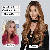 baratos Perucas Sintéticas sem Touca-Peruca longa cacheada com mechas e franja cortina para mulheres, cabelo sintético em camadas de 28 polegadas, resistente ao calor, perucas de aparência natural para uso diário