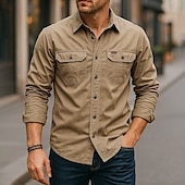 preiswerte Arbeitshemden für Herren-Herren Freizeithemd Arbeitshemd Knopfhemd Dunkelmarine Kaki Hellgrau Armeegrün Langarm Einfarbig Revers Urlaub Ferien Button-Down Bekleidung Baumwolle Mode Lässig Bequem