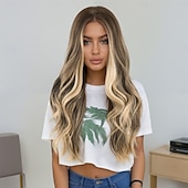 cheap Synthetic Trendy Wigs-Synthetic Wig Wavy Deep Wave Layered Haircut With Bangs Machine Made Wig 24 inch A1 Synthetic Hair Women&#039;s Cosplay Classic Color Gradient Blonde