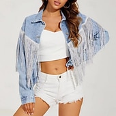 economico Tops Boho-Per donna Blusa Semplice Elegante Moderno Manica Lunga Colletto a Camicia Top Regolari Ferie Uscire Jeans Frange Nero Azzurro Estate