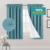 baratos Cortinas &amp; Cortinados-Cortinas de Textura de Linho para Quarto Sólido 100% Blackout Térmica Isolada com Forro Branco Cortinas/Dráperes Escurecedoras para Sala de Estar Berçário 2 Peças L52 x A84