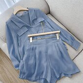 abordables Ensembles-Femmes Mode Streetwear Ensembles en coton et lin Ensembles deux pièces Ensembles de Shorts manche longue Col de chemise Uni Tenue quotidienne Date Bleu Violet Vert Été Coupe régulière