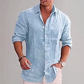 economico Casual da lavoro-Per uomo Camicia in cotone e lino Semplice Vacanza Nero Bianco Vino Azzurro cielo Manica Lunga Bavero Abbigliamento