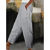 abordables Pantalón de lino y algodón con gráficos-Mujer Pantalones de lino y algodón Básico Casual Longitud total Alta cintura A Rayas Bolsillo Cintura elástica Estampado Confortable Al Aire Libre Cómodo Calle Ropa Cotidiana Noche Negro Rosa Azul