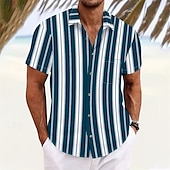 preiswerte Herrenhemd zum Knöpfen-Herren Hemd Sommerhemd Freizeithemd Strandhemd Knopfhemd Blau weiß Kurzarm Streifen Revers Urlaub Hawaiianisch Bekleidung Polyester Mode Lässig Bequem Tasche