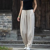 abordables Pantalon uni en coton et lin-Femmes Pantalon en coton et lin Slacks Streetwear Occasionnel Longueur complète Naturel Uni Avec Poches Conception à cordon élastique Confortable Vacances Rue Abricot Noir Marine foncé Café Été Coupe