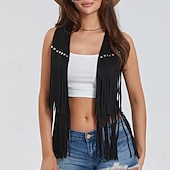 cheap Boho Tops-Women&#039;s Blouse Plain Active Modern Sleeveless V Neck Regular Tops Daily Holiday Fringe Black White Yellow Army Green Red Summer