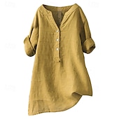 preiswerte Hemden-Damen Hemd Baumwoll-Leinen-Hemden Bluse Einfach Modern Lässig Langarm V Ausschnitt Normale Oberteile Täglich Ferien Ausgehen Knöpfe Schwarz Gelb Marineblau Beige Sommer