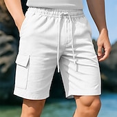 cheap Holiday-Men&#039;s Cargo Shorts Shorts Linen Shorts Summer Shorts Beach Shorts Drawstring Elastic Waist Multi Pocket Plain Knee Length Outdoor Casual Daily Vacation Hawaiian Black White Micro-elastic