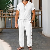 baratos Retrô-Homens Calças de linho Calças Calça verão Calças largas Com Cordão Cintura elástica Botão Lateral Tecido Respirável Comprimento total Ao ar livre Férias Casual Férias Estilo Étnico Preto Branco