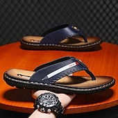 billige Ferietøfler-marineblå flip-flop-sandaler i imitert skinn for menn – myke og komfortable med stroppdetaljer, ideell for uformelle sommerdager, avslapning på stranden og ved bassenget