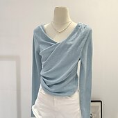 abordables T-shirt uni-Femmes Chemisier Uni Moderne manche longue Col en V Hauts Réguliers Fête Sortir Froncé Noir Rose Claire Bleu Abricot Été