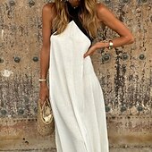 preiswerte Kleider aus Baumwolle und Leinen entwerfen-Damen Langes Kleid Maxikleid Baumwoll-Leinenkleid Mode Klassisch Täglich Ferien Ausgehen Normale Passform Farbblock Ärmellos V Ausschnitt Schwarz Weiß Sommer
