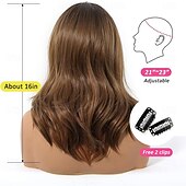 abordables Perruques Synthétiques Sans Bonnet-Perruque marron ombré pour femme avec frange rideau, cheveux synthétiques bouclés naturels de longueur moyenne, résistants à la chaleur, pour un usage quotidien, pour un cosplay ou une fête