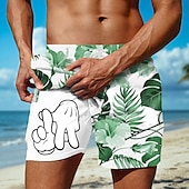 billiga Tropiska växter och blommor-Herr Palmblad Tecknad handtryck Fodrade shorts 2 i 1 simshorts Badshorts Medium Midja Hawaiisk Helgdag Standkläder Sidfickor Med kompressionsfoder Elastisk dragsko i midjan Designer Kläder