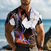 cheap Geometrical-Men&#039;s Marble pattern T Shirt Henley Shirt Short Sleeve Designer Retro Vintage Trendy Street Casual Daily Summer Spring Blue Yellow Green Brown Henley Henley T-Shirt