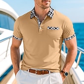 preiswerte Herren Klassisches Polo-Herren Poloshirt aus Baumwollmischung Golfshirt Lässig Ferien Revers Kurzarm Mode Basic Hahnentrittmuster Karo Patchwork Tasche Sommer Normale Passform Weiß Orange Khaki Dunkelgray Leicht Blau