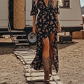 levne Boho šaty-Dámské Midi šaty Vintage šaty Boho šaty Šaty s potiskem Westernové šaty Vinobraní Módní Venkovní Dovolená Rande Běžný Květiny Krátký rukáv Do V Černá Léto