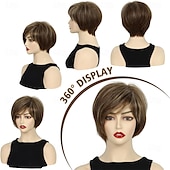 economico parrucca più vecchia-Parrucche per capelli corti da donna, parrucca castana pixie bob, parrucca pixie cut da donna, parrucche sintetiche con frangia per uso quotidiano o cosplay.