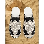 cheap Vacation Sandals-Women&#039;s Luxury Pearl Embellished Black Slide Sandals – Elegant Boho Summer Flats for Beach Weddings, Vacations, Festivals, and Resort Wear