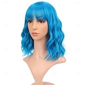 رخيصةأون باروكات شهيرة صناعية-باروكة شعر قصيرة بوب زرقاء اللون مموجة مع غرة هوائية للنساء بطول الكتف، باروكة شعر اصطناعية مجعدة ومموجة، باروكة شعر بوب باستيل للفتيات، باروكات ملونة