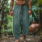 cheap Retro-Men&#039;s Linen Pants Trousers Summer Pants Beach Pants Patchwork Drawstring Straight Leg Plain Comfort Breathable Full Length Outdoor Casual Daily Retro Vintage Bohemian Green