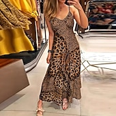 abordables Robes fleuries-Femmes Robe maxi Robe trapèze Robe d&#039;été Robe Nuisette Vacances Occasionnel Extérieur Sortir Coupe régulière Graphique Léopard Sans manches Col en V Marron Été