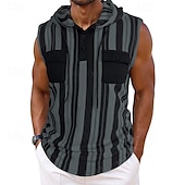 billiga Gym-toppar-Herr Linne Undertröjor Ärmlös tröja Ärmlös Huva Sommar Randig Mode Designer Grundläggande Ficka Semester Gata Utekväll Svart Blå Mörkblå Topp t-shirt för män