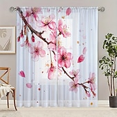 お買い得  シアーカーテン-窓装飾とスクリーン用の植物と花のアート絵画パターンの2ピースセットは、寝室のプライバシー保護と部屋の装飾、キッチン、カフェ、リビングルームにも使用できます。